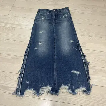 GYDA 데미지 다크 블루 데님 롱 스커트