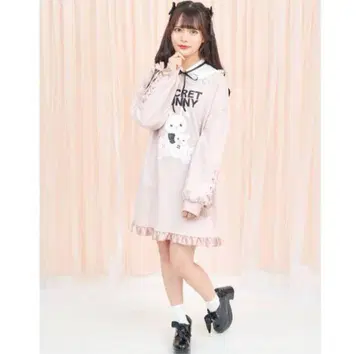 Secrethoney 버블 토끼 프린트 카라 부착 쭈리 원피스 핑크