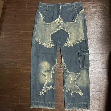 데미지 데님 팬츠 별 모양 디자인 그런지 오버 남성용 y2k