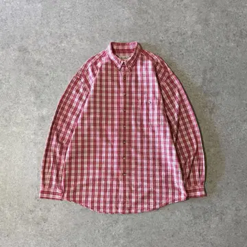 90s Eddie Bauer 화이트 택 체크 플란넬 셔츠 레드 계열