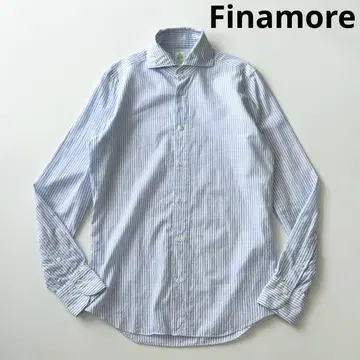 Finamore 피나모레 와이드 칼라 코튼 린넨 스트라이프 셔츠