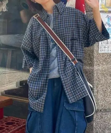 Wudgeboy 체크 셔츠 check shirt 반팔 네이비