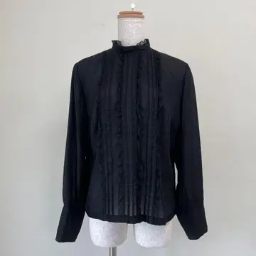 60s 70s 레이스 플리츠 블라우스 블랙 블랙 빈티지 구제 의류