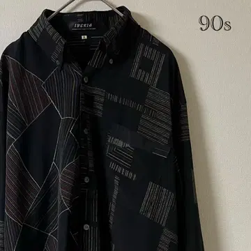 90s IBERIA/버튼 다운 폴리 셔츠/M/블랙