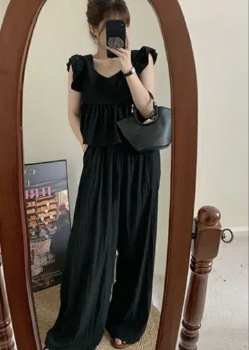 AMELY 셋업 와이드 팬츠 상하의 세트 프릴 슬리브리스 블랙 M