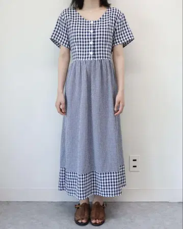 구제 의류 Erika 깅엄 체크 반팔 원피스 레트로 구제 의류 빈티지