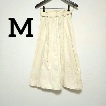 아이보리 플레어 롱 스커트 M 벨트 리본 포함 데님 허리 밴딩 화이트