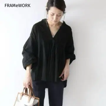 FRAMeWORK 론 핀턱 블라우스 블랙 개더 코튼 시어