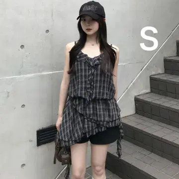 블랙 체크 프릴 아지메 미니 원피스 S 튜닉 블랙 emmy