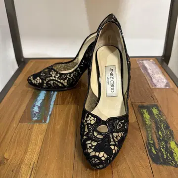지미추 펌프스 8cm 힐 레이스 블랙 34 1/2 21.5