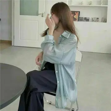 여성용 시어 셔츠 시스루 그린 더스티 컬러 긴팔