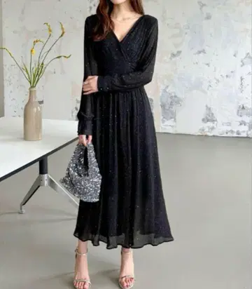라메 믹스 블랙 롱 원피스 결혼식 경사 성인식 2차 모임