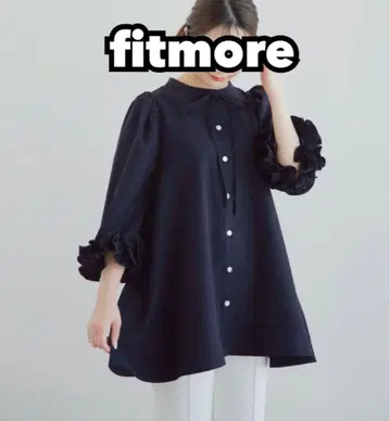 fitmore 볼륨 프릴 슬리브 블라우스 프릴 오리 소매 셔츠 네이비