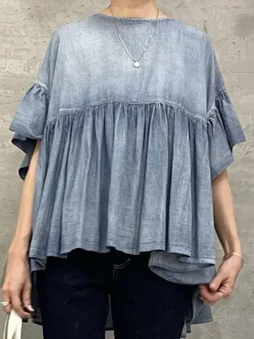 비어즐리 Beardrley 쉬폰 데님 개더 셔츠