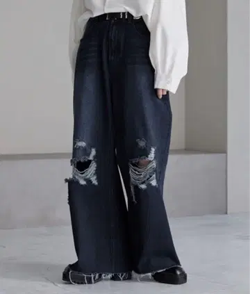 cussil 쿠실 11.5oz 루즈 실루엣 데미지 와이드 데님 팬츠