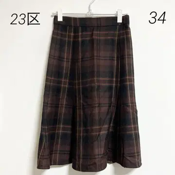 0385 23구 온워드 브라운 체크 무늬 플레어 스커트 34