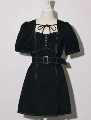 pium 플리츠 벨트 데님 미니 원피스 블랙