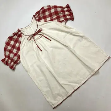 핑크하우스 소매 체리 무늬 블록 체크 풀오버 블라우스