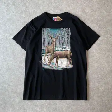 90s 데드스탁 사슴 애니멀 티셔츠 빈티지 구제 의류 블랙