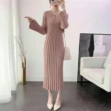 리브 핑크 긴팔 V넥 원피스