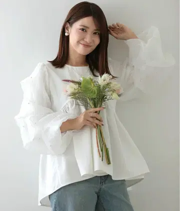 meraki 펄 소매 플레어 탑 밑단 플레어 페플럼 볼륨 소매 콜라보