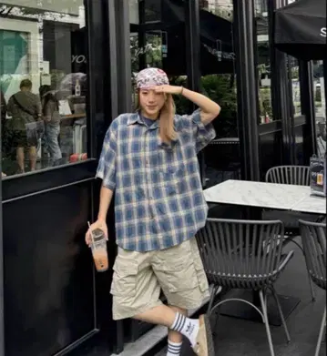옴브레 셔츠 체크 셔츠 시티 보이 반팔 파랑 블루 시티 보이