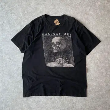 구제 의류 AGAINST ME! 스컬 아트 티셔츠 빈티지 블랙 블랙