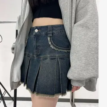 Figments 플리츠 헴 프린지 데님 미니 스커트 M 사이즈