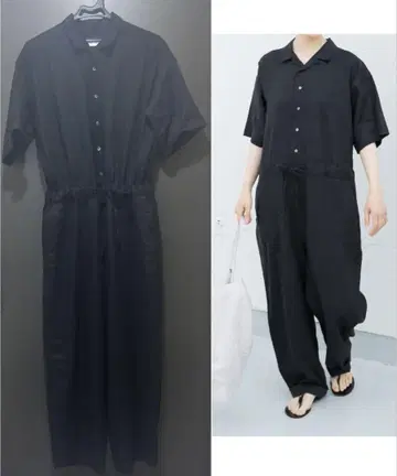 카구레 린넨 하프 슬리브 올인원 블랙