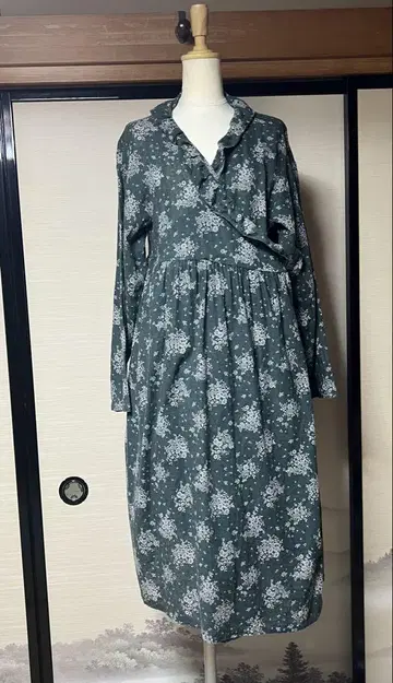 Samansa Mos2 면 린넨 꽃무늬 그린 랩 드레스 긴팔 프리