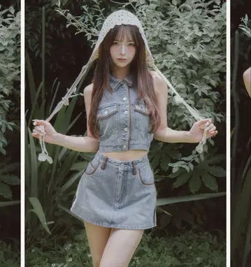 다리치 스웨이드 파이핑 데님 상의 데님 미니 스커트