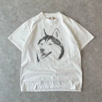 90s USA제 허스키 개 애니멀 티셔츠 빈티지 구제 의류 동물 화이트