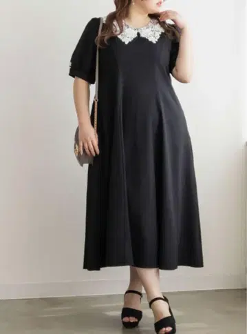 쿠레트 펄 레이스 옷깃 반팔 롱 원피스 블랙 4L