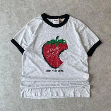 90s 딸기 페스티벌 아트 링거 티셔츠 빈티지 구제 의류 그레이