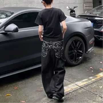 블랙 배기 데님 아메리칸 자수 블랙 스트릿 해외