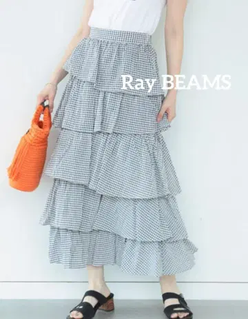 Ray BEAMS 시어 깅엄 티어드 스커트 M