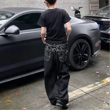 M 배기 데님 아메리칸 자수 블랙 검정 청바지