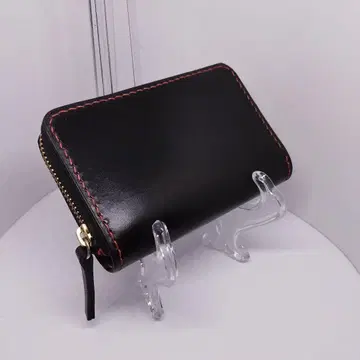 블랙 지퍼 미니 지갑 레드 스티치 핸드 스티치