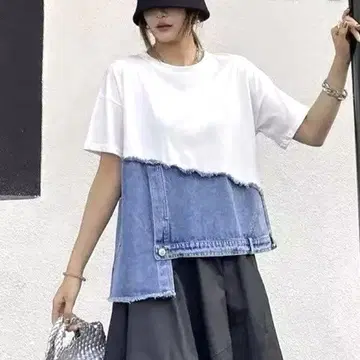 데님 절개 컷소 코튼 이소재 데님 도킹 티셔츠