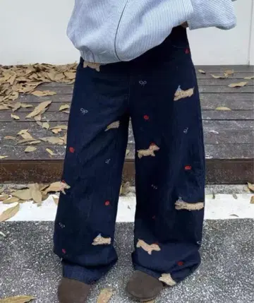 개 자수 와이드 레그 데님 팬츠