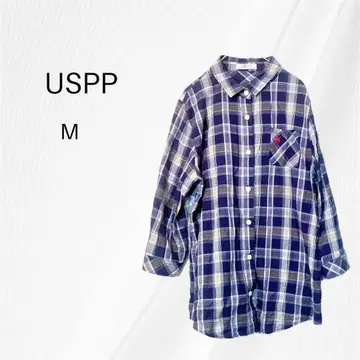 USPP 체크 긴팔 셔츠 긴팔 블라우스 고양이 자수 M 네이비