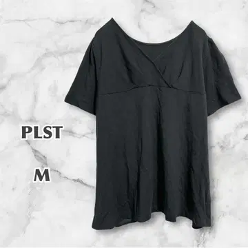 PLST 플라스테 반팔 티셔츠 (M) 블랙 V넥 랩 스타일 세련된