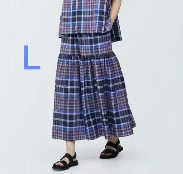 무인양품 마드라스 체크 플레어 스커트 L 퍼플 체크