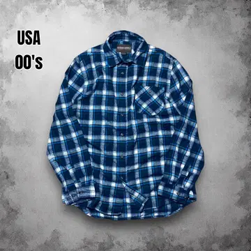 90-00s USA 타탄 체크 올 패턴 긴팔 플란넬 셔츠 블루