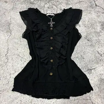 y2k 00s 엑시즈팜 다크 코어 가슴 프릴 컷 티셔츠 장미 버튼