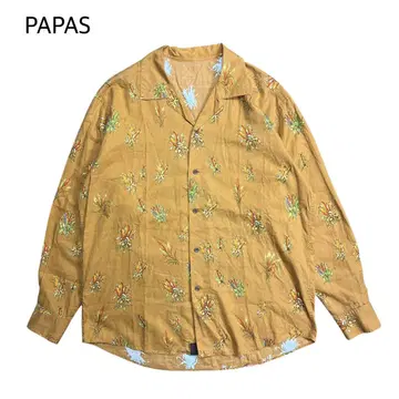 PAPAS 오픈 카라 셔츠 긴팔 올 패턴 옥수수 코튼 M