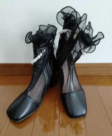 패션 부츠 블랙 메쉬 펄 장식