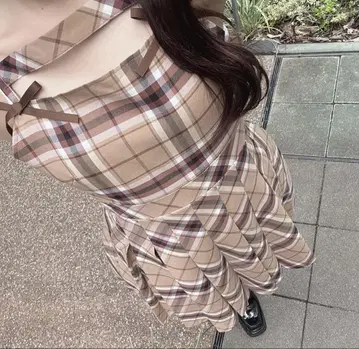 체크 플리츠 OP 베이지