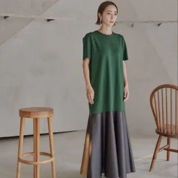 UN3D. 안스 리드 인조 가죽 믹스 원피스 반팔