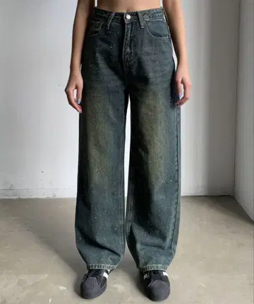 SHAGGIE 오로라 큐빅 스톤 빈티지 루즈 데님 팬츠